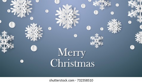 Christmas card with paper snow flake. Falling snowflakes on a dark blue winter background. Vector illustration. Merry Christmas, New Year design. EPS 10.