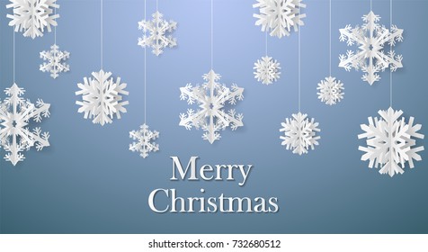 Christmas card with paper snow flake. Falling snowflakes on a dark blue winter background. Vector illustration. Merry Christmas, New Year design. EPS 10.