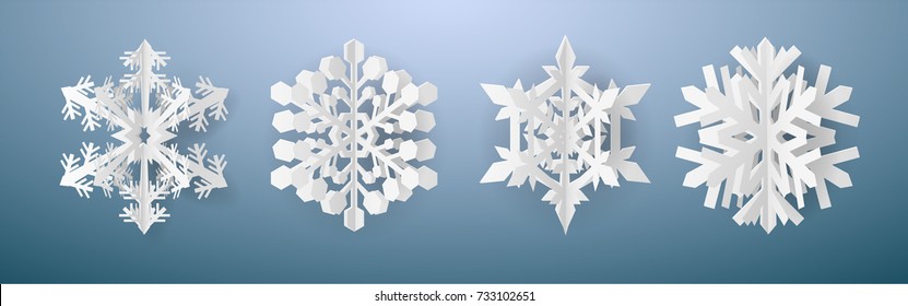 Christmas Card With Paper Snow Flake. Set Of 4 Snowflakes On A Dark Blue Winter Background. Vector Illustration. Merry Christmas, New Year Design. EPS 10.