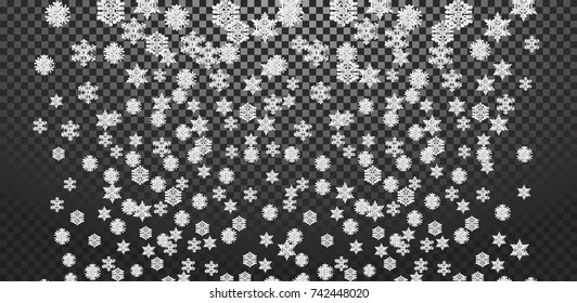 Christmas card with paper snow flake. Falling snowflakes on a transparent winter background. Vector illustration. Merry Christmas, New Year design. EPS 10.