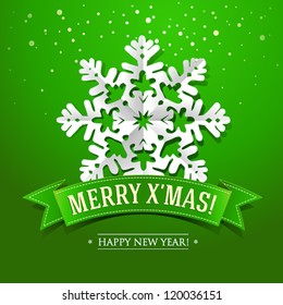 Christmas card with paper snowflake and inscription on a green ribbon. Vector illustration.