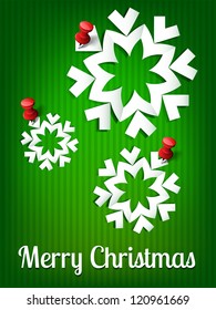 Christmas card. Paper snowflakes with red push pin on a green background. Vector. Part of set.