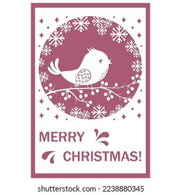 Christmas card papercut winter bird on a branch with a berry, vector illustration