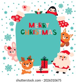 Christmas card with a pattern of New Year's items, animals and Santa