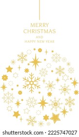 Christmas card with patterns in the shape of a yellow christmas ball on a white background.