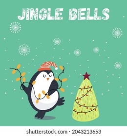 Christmas card with a penguin dancing with a garland, lettering Jingle bells
