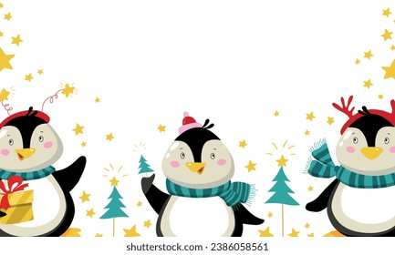 Christmas card with penguin flat. Cute animals on the white background with stars. New Years card. Vector illustration.