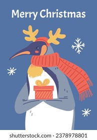 Christmas card, penguin with funny with reindeer antlers and a present, vector illustration. Cartoon character in flat style. Winter funny north wild bird drawing in blue gray and red colors.