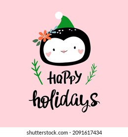 Christmas card with penguin head and inscription Happy Holidays. Doodle style