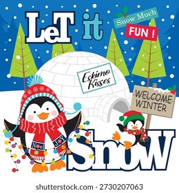 Tarjeta de Navidad con pingüino e iglú