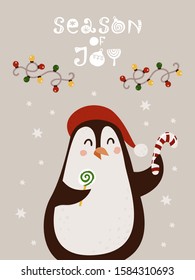 Christmas card with penguin. Illustration for christmas holidays.