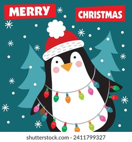 Christmas Card with Penguin and lights