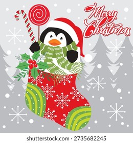 Tarjeta de Navidad con pingüino en la media de Navidad