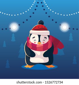 christmas card of penguin with scarf vector illustration design
