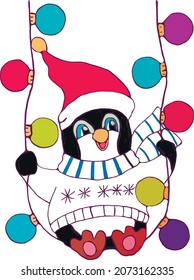 Christmas card with penguin who sit on lights. Flat vector illustration.