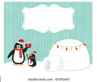 christmas card with penguins and frame for your text