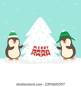 Christmas card with penguins, Merry Christmas and New Year