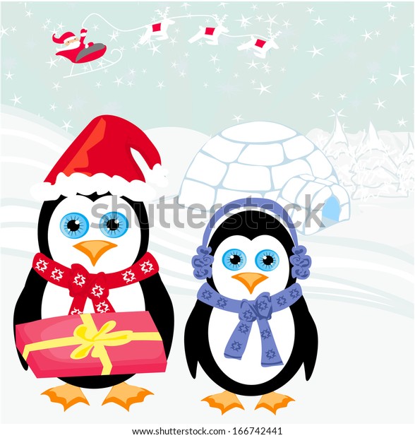 Christmas Card Penguins Santa Stock Vector (Royalty Free) 166742441