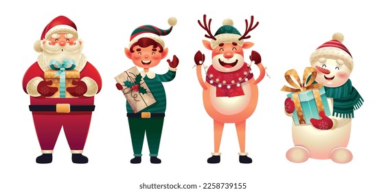 Christmas card person set. Collection of stickers for social networks. Elf, deer, snowman and santa claus waving affably, New Year. Cartoon flat vector illustrations isolated on white background