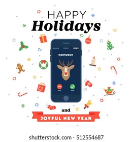 Christmas card with phone call from Reindeer in flat style. Smartphone with incoming call screen. Christmas traditional decoration elements for greeting card, banners, websites, infographics.