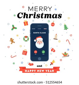 Christmas card with phone call from Santa in flat style. Smartphone with incoming call screen. Christmas traditional decoration elements for greeting card, banners, websites, infographics.