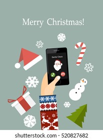 Christmas card with phone call from Santa in flat style. Hand holding smartphone with incoming call screen.