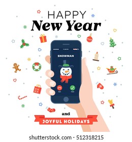 Christmas card with phone call from Snowman in flat style. Hand holding smartphone with incoming call screen. 