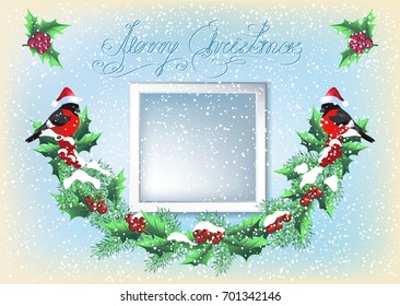 Christmas card with photo frame, garland and two bullfinches on the snowfall background in retro style