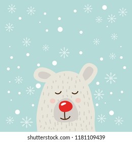 Christmas card with a picture of a polar bear, snowflakes and stars. Vector illustration for printing on t-shirts, textiles, banners, dishes. Children's fashion.