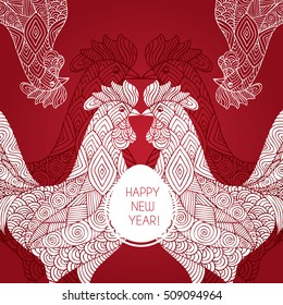 Christmas card with a picture of a rooster. Portrait of a rooster. Vector illustration