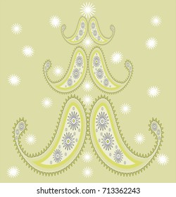Christmas card with a picture of a stylish tree of paisley ornament and snow flakes. Vector illustration in pastel golden tones. Can be used for the design of holiday cards, posters, textiles.