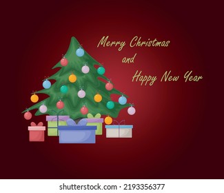 Christmas. A Christmas card with a picture of a Christmas tree decorated with colorful balloons and boxes with gifts under the tree. A New Year s card with the inscription merry Christmas. Vector