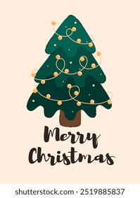 Christmas card with a picture of a Christmas tree. Flat vector illustration.
