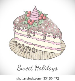 Christmas card with pie in sketch style. Vector illustration