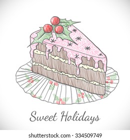 Christmas card with pie in sketch style. Vector illustration