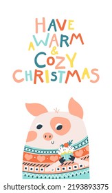 Christmas card with pig and cupcake. Warm and cozy Christmas. Vector cartoon illustration in simple childish hand drawn cartoon style. The limited palette is ideal for printing