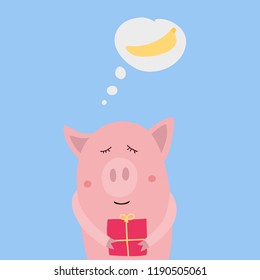 
Christmas card, pig with a gift, dreaming of a banana. Happy New year hand drawn vector print. 