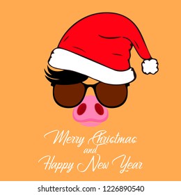 Christmas card. Pig in a red Santa's cap, glasses. Vector illustration.