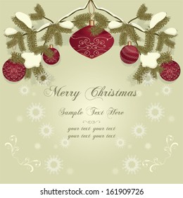 Christmas card with pine branch and hanging decoration, vector illustration