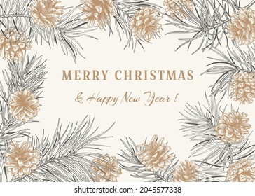 Christmas card with pine branches and cones. Botanical horizontal frame with coniferous. Engraving style. Black and White and golden background. 