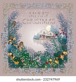 Christmas card with pine branches and Christmas decorations