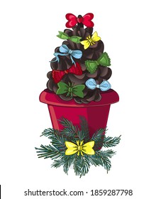 Tarjeta de Navidad. Un cono de pino en una pequeña olla roja, decorado con arcos brillantes y ramas picantes. La ilustración está aislada en un fondo blanco. Ilustración vectorial de material.