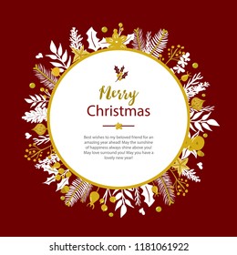 Christmas card with pine leaf and flowers