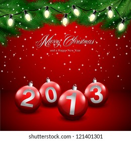 Christmas card with pine tree branches, Christmas lights and ornaments on red background.