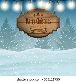 Christmas card with pine tree forest and a wooden sign.