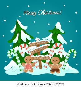 christmas card with pine tree, gingerbread men, christmas road marker, candy canes and snowfall on turquoise background