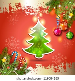 Christmas card with pine tree over red background