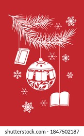 Christmas card with pine tree, toys, books and snowflakes