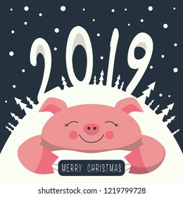 Christmas card. Pink pig lies on a snowdrift . On the mountain the numbers 2,0,1,9. It's snowing. Pink pig holds a plate with the phrase merry Christmas on it.