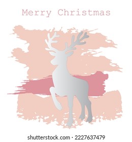 Christmas card with pink watercolor brush strokes, silver deer silhouette and english lettering merry christmas